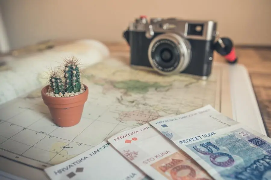 Mesa com vasinho de cactos, máquina fotográfica analógica, livros com mapa mundi e cédulas de dinheiro