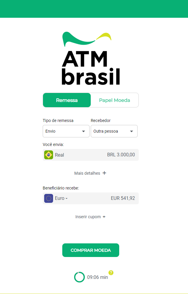 Como enviar euro ao exterior? Tela do site da ATM Brasil para fazer remessa de euro do Brasil para o exterior