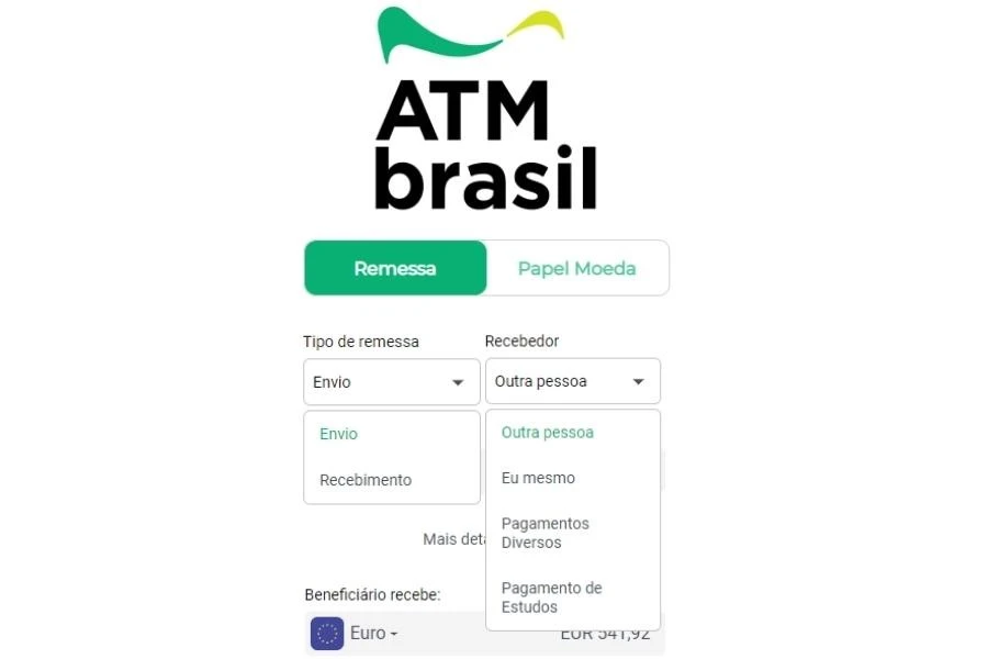 Como enviar euro ao exterior? Tela do site da ATM Brasil onde o usuário tem que esoclher o tipo de remessa e a finalidade do recebedor